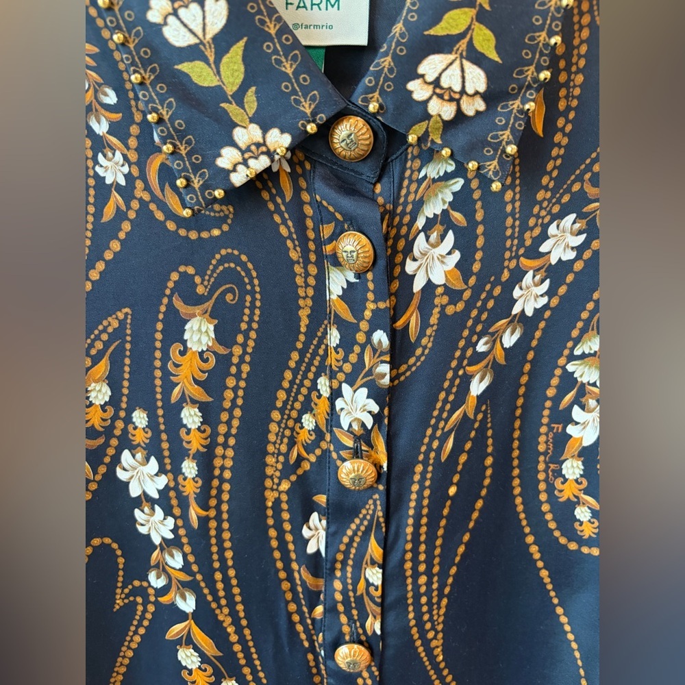 Farm Rio: Black Garden Printed Buttons Viscose Shirt - Picture 9 of 16